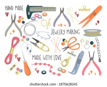 Set of accessories and tools for creating jewelry. The concept of needlework and handwork. Scissors, earrings, clasp, beads, awl, wire, fishing line, jewelry rope. Hand-drawn illustration