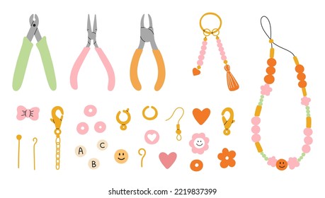 Set of accessories and tools for  jewelry making. Instruments, golden spare parts, bracelets, necklace. Hobby, DIY, workshop, artwork, creativity concept.90s style jewelry design. svg