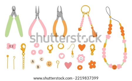 Set of accessories and tools for  jewelry making. Instruments, golden spare parts, bracelets, necklace. Hobby, DIY, workshop, artwork, creativity concept.90s style jewelry design.