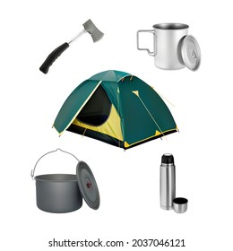 A set of accessories for the tourist. 3d vector illustration