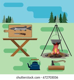 A set of accessories for traveling to nature. For active and life-loving people. Cook dinner at the stake.