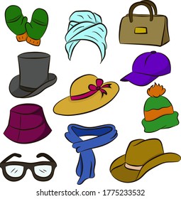 
set of accessories. Vector drawing of hats. Scarf, glasses, bag and cap.