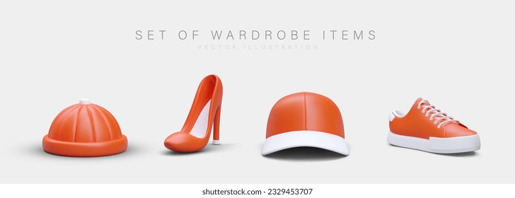 Conjunto de accesorios del armario. Sombreros y zapatos. Sombrero de Beanie, zapato de tacón alto para mujeres, gorra de béisbol, zapatillas de tenis. Iconos modernos de color. Vectores en blanco para categorías