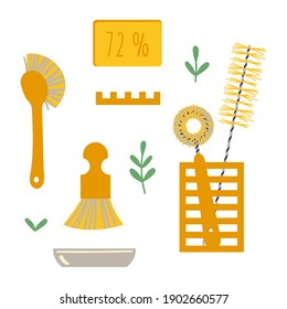 Un conjunto de accesorios para lavar platos para un estilo de vida sin desperdicios. Ilustración vectorial en un estilo plano.