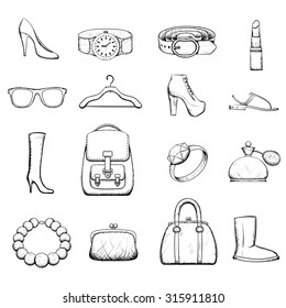 Set of accessories for women. Doodle image. Stock Vector illustration.