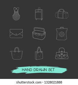 Set of accessory icons line style symbols with minaudiere bag, envelope, mesh bag and other icons for your web mobile app logo design.