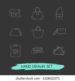 Set of accessory icons line style symbols with trapeze bag, bicycle frame bag, shoulder bag and other icons for your web mobile app logo design.