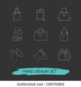 Set of accessory icons line style symbols with hobo, tote, bucket bag and other icons for your web mobile app logo design.