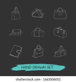 Set of accessory icons line style symbols with bicycle frame bag, ring bag, camera bag and other icons for your web mobile app logo design.