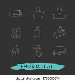 Set of accessory icons line style symbols with clutch, sling bag, trapeze bag and other icons for your web mobile app logo design.