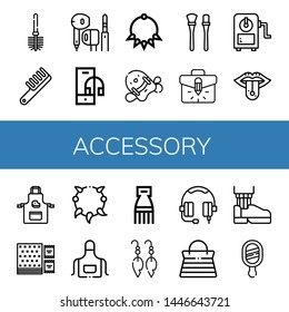 Set of accessory icons such as Toilet brush, Comb, Earphone, Headphone, Necklace, Pool kickboard, Makeup brushes, Briefcase, Sharpener, Piercing, Apron, Napkin, Earrings , accessory