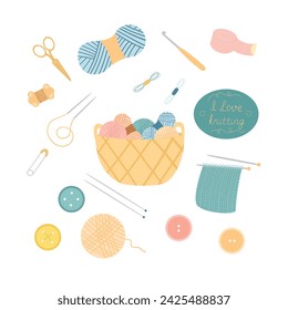 Set of accessory and tools for knitting isolated on white background. Color vector flat illustration.  Scissors, pins, crochet hooks, knitting needles, and skeins of thread. 