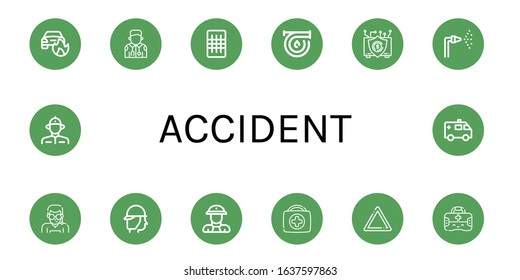 Set of accident icons. Such as Car on fire, Paramedic, Gauze, Hose, Insurance, Fire hose, Security agent, Firefighter, Fireman, First aid kit, Warning, Ambulance , accident icons