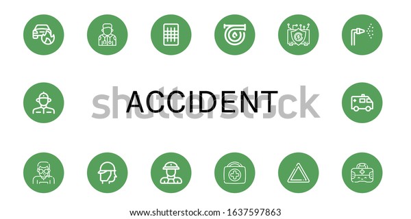 Set of\
accident icons. Such as Car on fire, Paramedic, Gauze, Hose,\
Insurance, Fire hose, Security agent, Firefighter, Fireman, First\
aid kit, Warning, Ambulance , accident\
icons