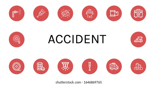 Set of accident icons. Such as Fire hose, Crutch, Collision, Firefighter, Plaster, First aid kit, Medical tape, House on fire, Siren, Ambulance, Drought , accident icons