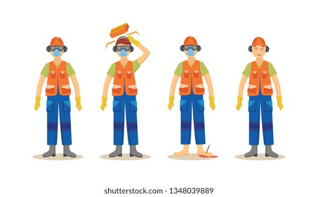 A set of accidents with a worker in an orange uniform in construction, wearing a helmet and respirator, boots and headphones and goggles. Industrial safety isolated vector illustration.