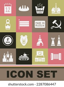 Set Accordion, Schach, Hammer und Sichel UdSSR, Sauna Eimer, National Russia Flagge, Russische Puppe Matryoshka, Kalender 12 Juni und Made in Icon. Vektorgrafik