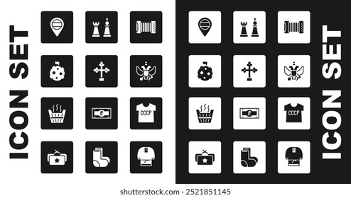 Set Accordion, Christian cross, Moon with flag, Location Russia, National emblem of, Chess, USSR t-shirt and Sauna bucket icon. Vector