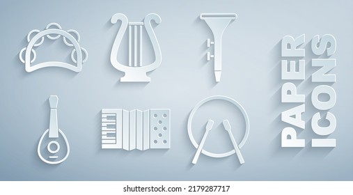 Set Accordion, Drum and drum sticks, Guitar, Ancient lyre and Tambourine icon. Vector