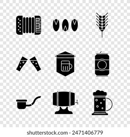 Set Accordion, Pistachio nuts, Wheat, Smoking pipe, Wooden barrel rack, beer mug, Glass of and Signboard with glass icon. Vector