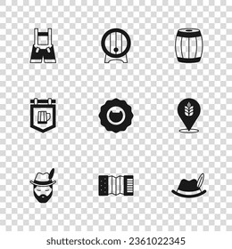 Set Accordion, Wheat, Oktoberfest hat, Bottle opener, Wooden barrel, Lederhosen, rack and Street signboard with beer icon. Vector