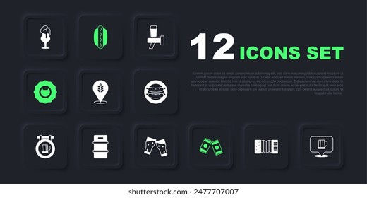 Set Accordion, Wooden beer mug, Wheat, Beer can, Bottle opener, Metal keg, Hotdog sandwich and Glass of icon. Vector