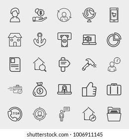 set of account, business, update account, globe, online shopping, house, anchor, atm, video call, pie chart, direction, hammer, deadline, like, baggage, target, call center, folder vector icon