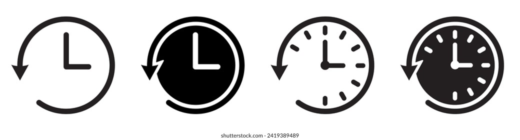 Set of account history icons. Account history, clock, time. Countdown time, return, past. Restore or reverse event clock. Watch dial. Vector. EPS10.