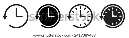 Set of account history icons. Account history, clock, time. Countdown time, return, past. Restore or reverse event clock. Watch dial. Vector. EPS10.