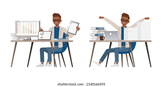 Set of Accountant man wear cream color suit character vector design. Presentation in various action. People working in office planning, thinking and economic analysis.