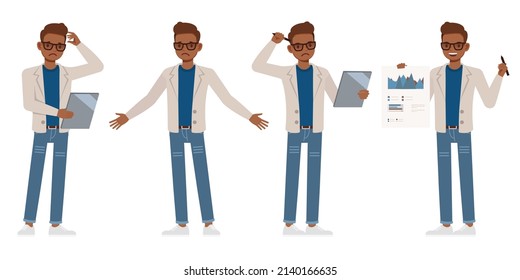 Set of Accountant man wear cream color suit character vector design. Presentation in various action. People working in office planning, thinking and economic analysis.