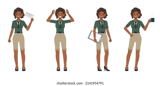 Set of Accountant woman wear green color suit character vector design. Presentation in various action. People working in office planning, thinking and economic analysis.