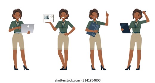 Set of Accountant woman wear green color suit character vector design. Presentation in various action. People working in office planning, thinking and economic analysis.