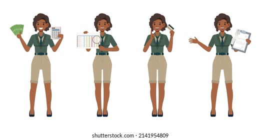 Set of Accountant woman wear green color suit character vector design. Presentation in various action. People working in office planning, thinking and economic analysis.