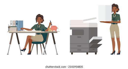 Set of Accountant woman wear green color suit character vector design. Presentation in various action. People working in office planning, thinking and economic analysis.
