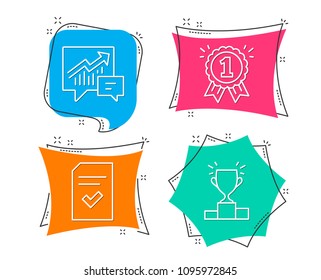 Set of Accounting, Checked file and Reward icons. Winner podium sign. Supply and demand, Correct document, First place. Competition results.  Flat geometric colored tags. Vivid banners. Vector