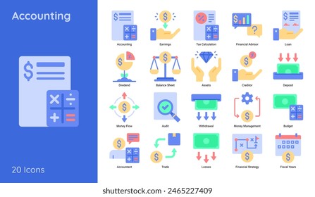Set of Accounting Flat Icons Contain Such Tax Calculation, Balance Sheet, Dividend and More.