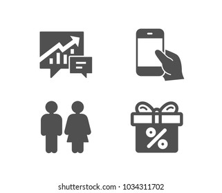 Set Of Accounting, Hold Smartphone And Restroom Icons. Discount Offer Sign. Supply And Demand, Phone Call, Wc Toilet. Gift Box.  Quality Design Elements. Classic Style. Vector