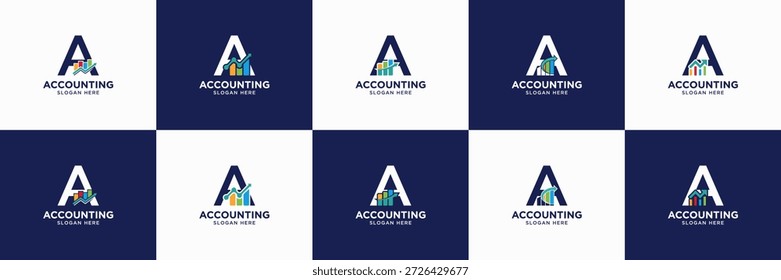 conjunto de design de logotipo contábil. utilizável para financeiro, marketing, investimento, ícone de identidade de seguro. letra A com símbolo de barra de gráfico.