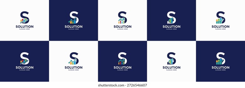 conjunto de design de logotipo contábil. utilizável para financeiro, marketing, investimento, ícone de identidade de seguro. letra S com ícone de barra de estatística.