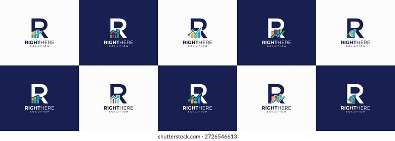 conjunto de design de logotipo contábil. utilizável para financeiro, marketing, investimento, ícone de identidade de seguro. letra R com ícone de barra de estatística.