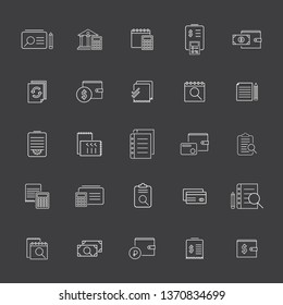 Set of Accounting Related Vector Line Icons. Contains such Icons as Finance Report, Wallet, Calculator, Money, Portfolio, Calculation and more.