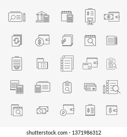 Set of Accounting Related Vector Line Icons. Contains such Icons as Finance Report, Wallet, Calculator, Money, Portfolio, Calculation and more.