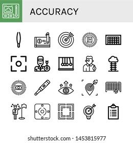 Set of accuracy icons such as Thermometer, Tweezers, Cheque, Target, Goal, Focus, Archer, Newtons cradle, Watchmaker, Goals , accuracy