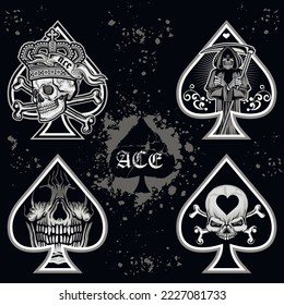 set, ace of spades with skull, grunge vintage design t shirts