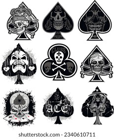 set, ace of spades with skull, grunge vintage design t shirts