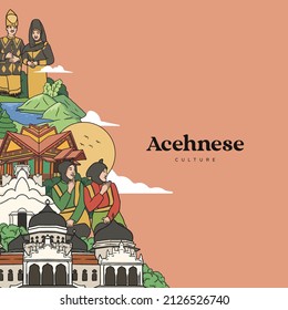 Set Aceh Illustration. Hand drawn Indonesian cultures background svg