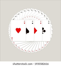 A set of aces playing cards. A fan of cards. Template for the design. Isolated on a white background. Vector illustration.