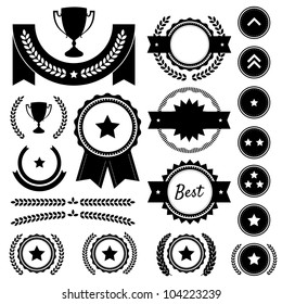 Set of achievement award silhouettes. Includes various badges, ranks, emblems, wreaths, star awards, achievement trophy, and victory banners. Great to represent winners in a competition. Vector EPS10.