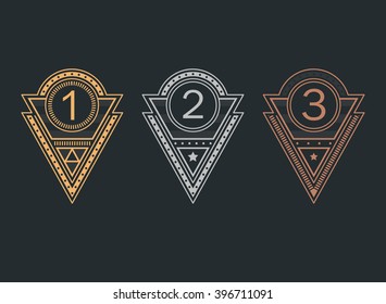 Set of achievement icons. Gold, silver and bronze medals. Collection of elements for winner. Set of award emblems for games, website or an app. Trophy pictogram. Flat vector style.